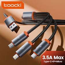 Toocki 3 in 1 multi charging cable USB A to Type-C Micro Lightning fast charge braided strong cable for phone and tablet Pakistan