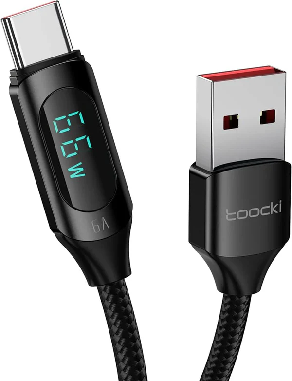 66W 6A fast charging braided USB-C cable with real-time digital charging display